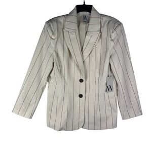 Worthington Womens Ivory Brown Pinstripe Blazer Jacket Size 12 NWT 830-0213